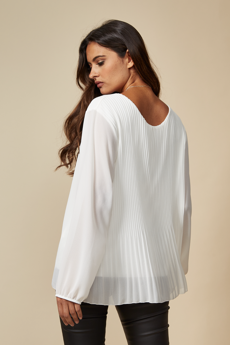 Long Sleeves Oversized Pleated Top with Tulle Details in White