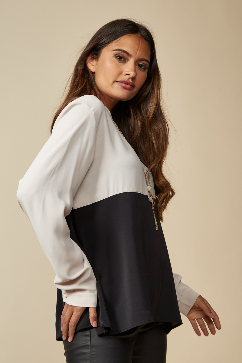 Colour Block Blouse in Beige and Black