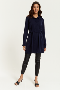 Oversized Belt Detailed Shirt Tunic with Long Sleeves in Navy