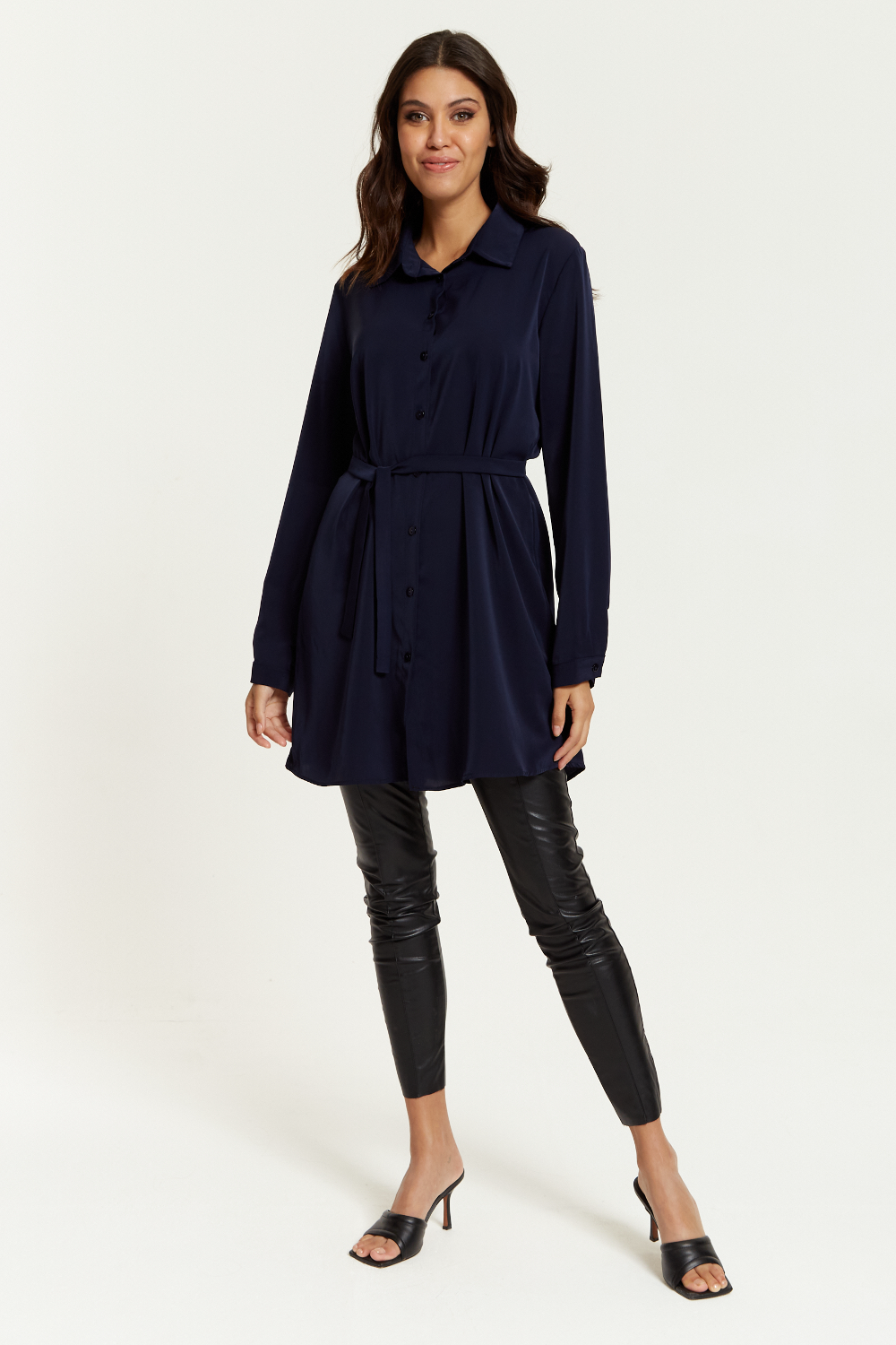 Oversized Belt Detailed Shirt Tunic with Long Sleeves in Navy