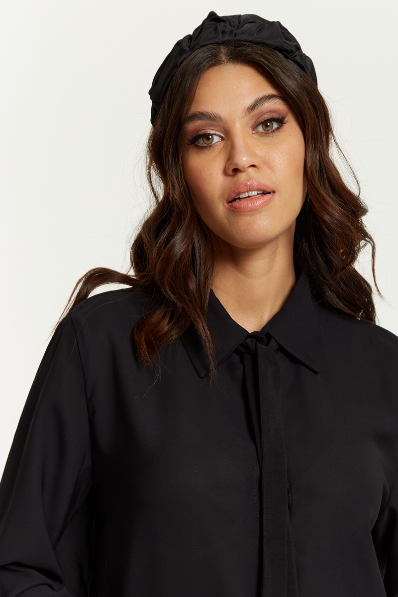 Oversized Tie Detailed Shirt Tunic with Long Sleeves in Black