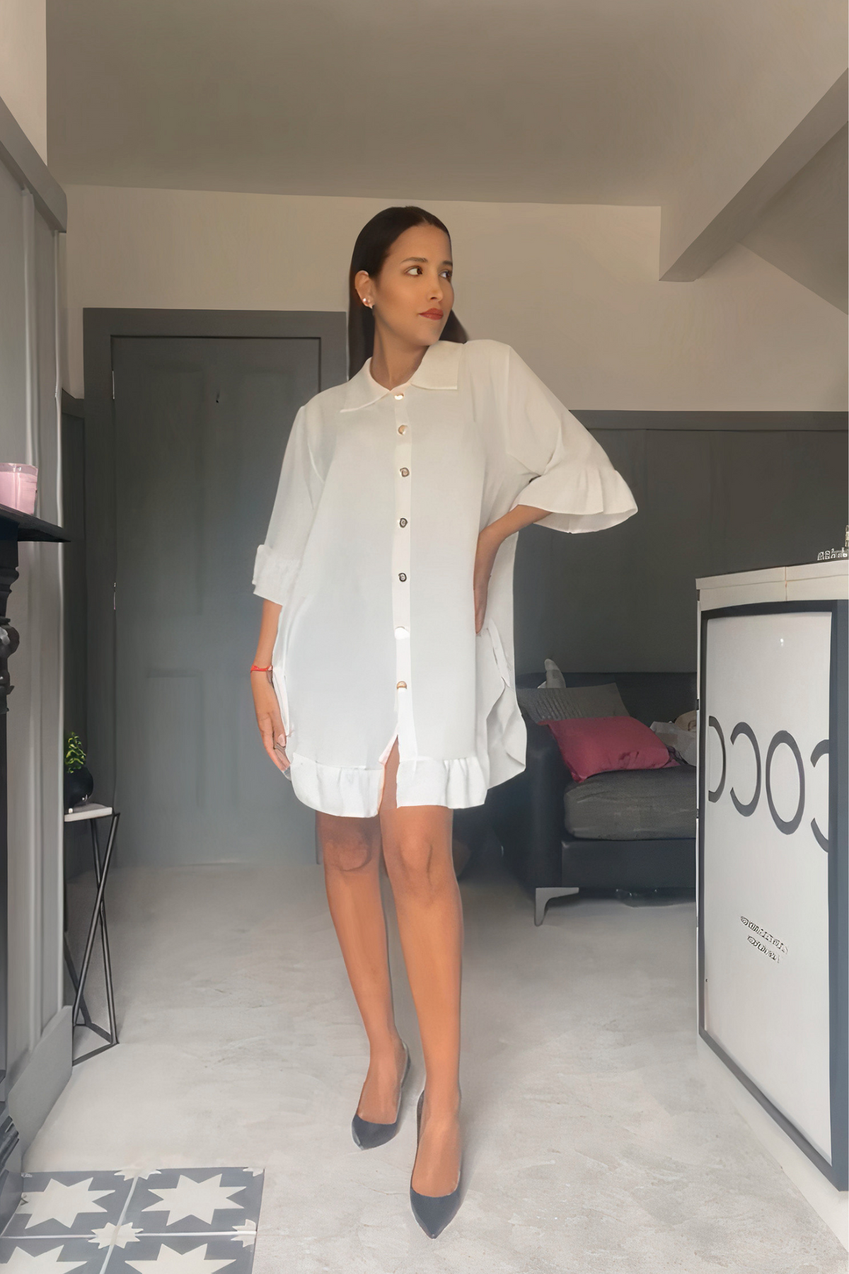 Ruffle Detailed 3/4 Sleeves Tunic Shirt in White
