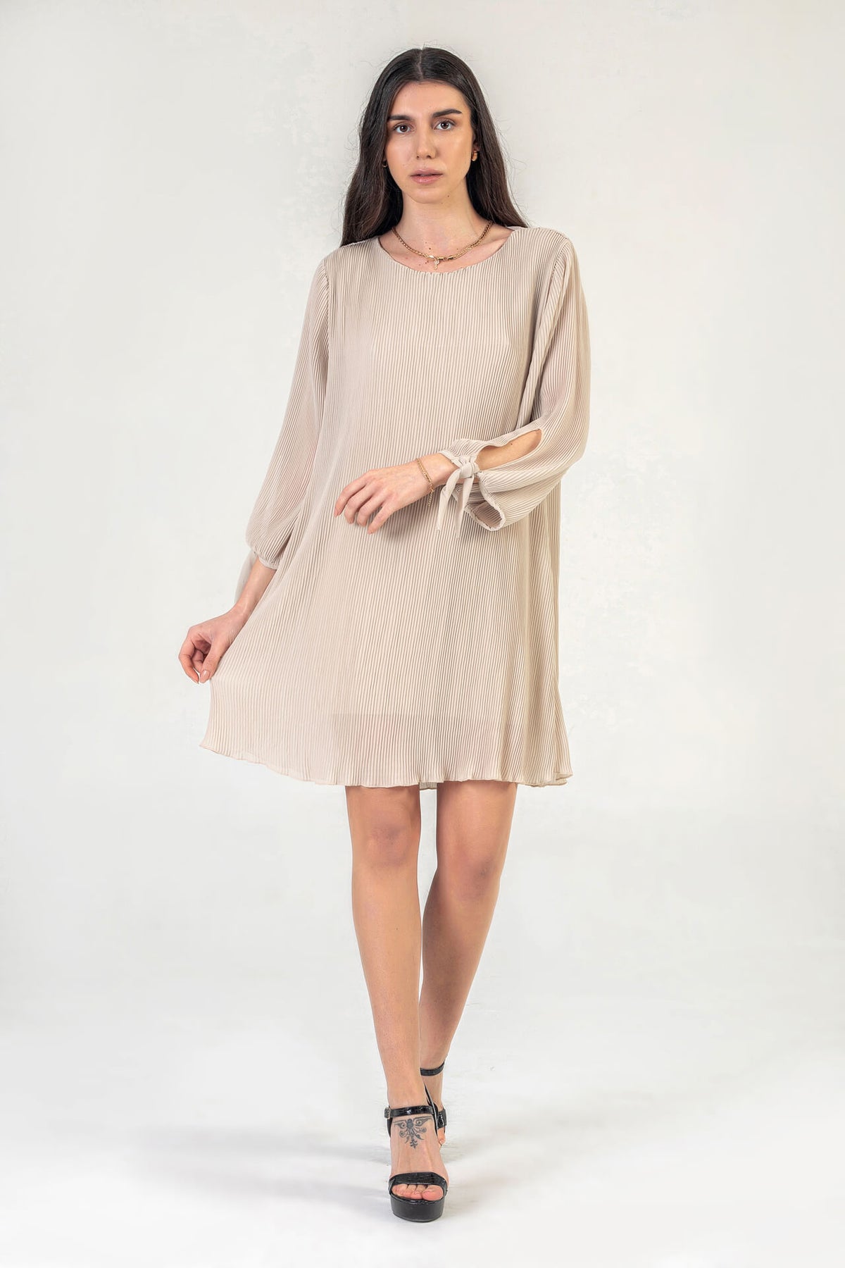 Beige Plisse Mini Dress