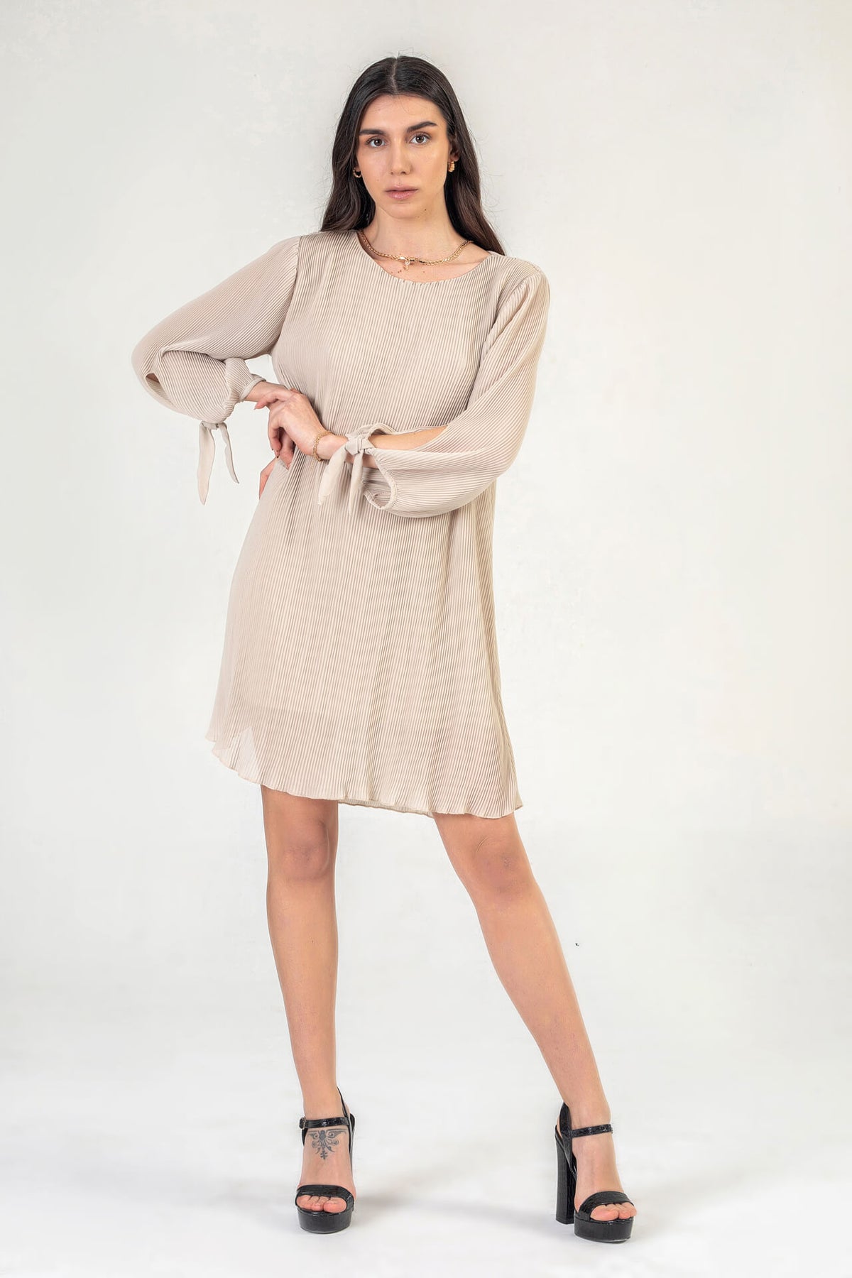 Beige Plisse Mini Dress