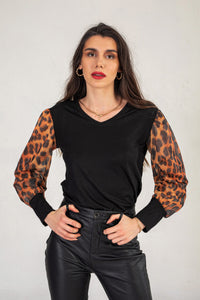 Black Jumper With Puffed Leopard Print Sleeves