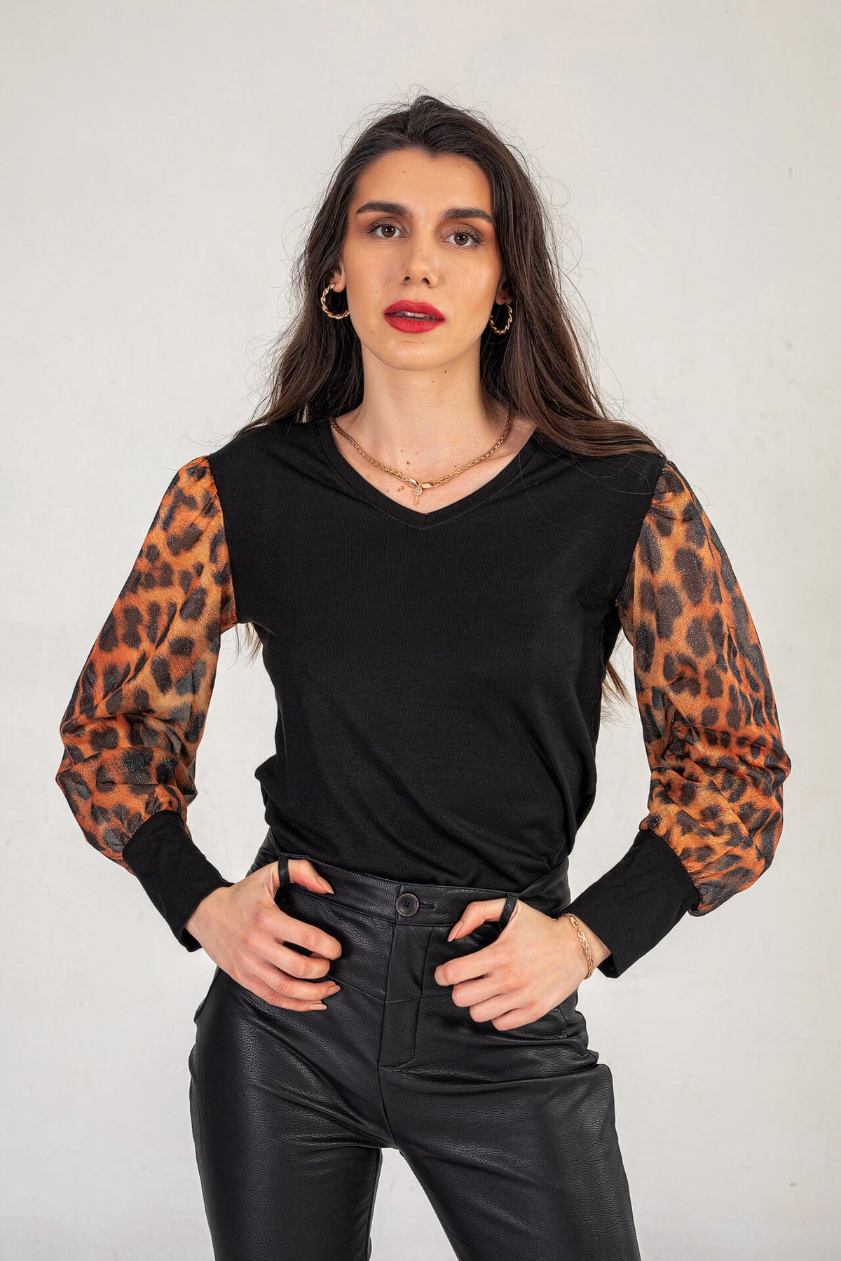 Black Jumper With Puffed Leopard Print Sleeves