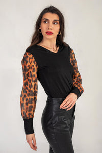 Black Jumper With Puffed Leopard Print Sleeves