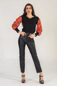 Black Jumper With Puffed Red Floral Sleeves