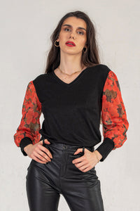 Black Jumper With Puffed Red Floral Sleeves