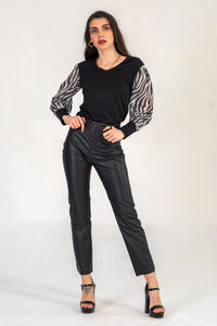 Black Jumper With Puffed Zebra Print Sleeves