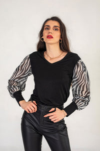 Black Jumper With Puffed Zebra Print Sleeves