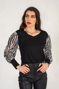 Black Jumper With Puffed Zebra Print Sleeves