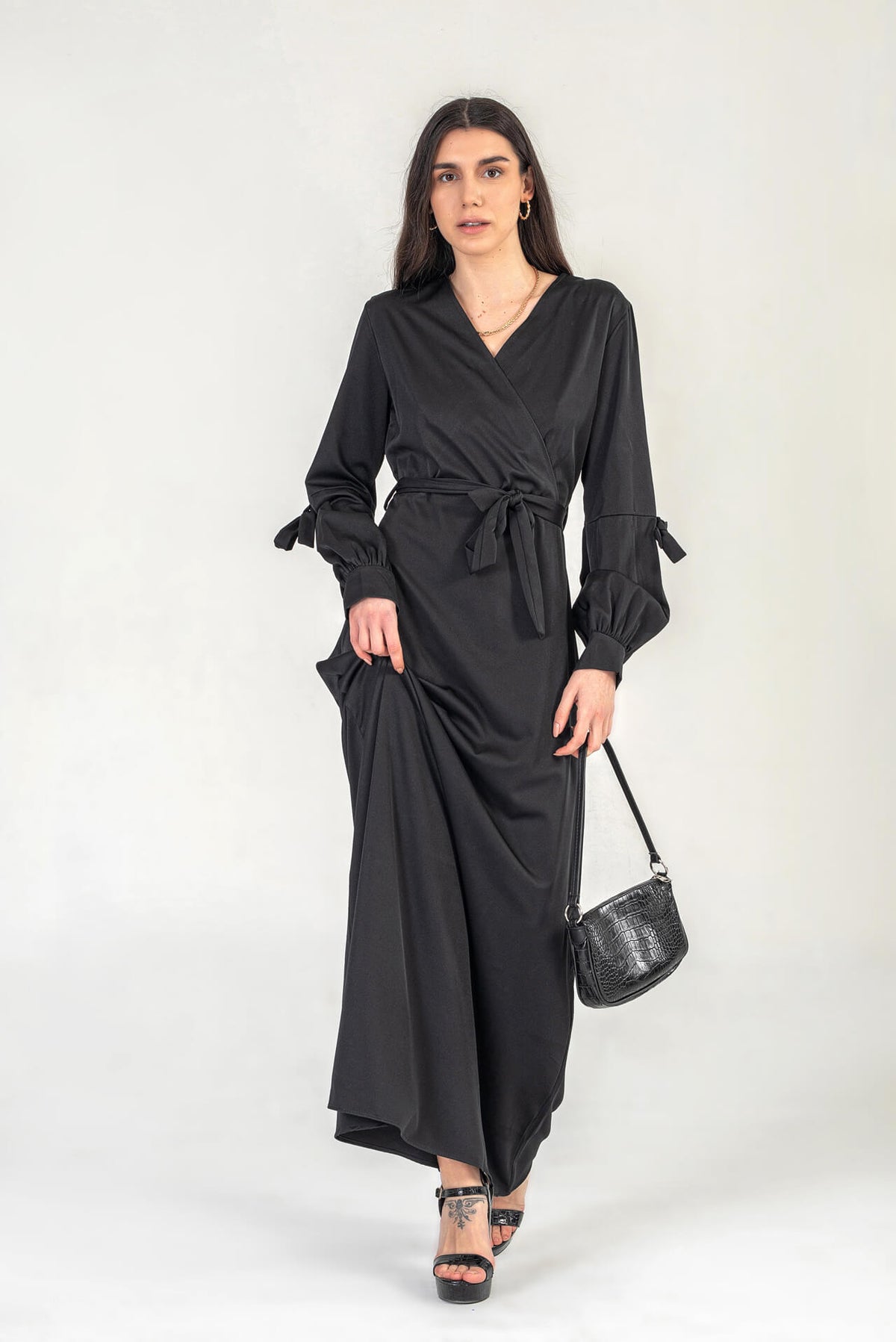 Black Maxi Wrap Dress With Tie Waist