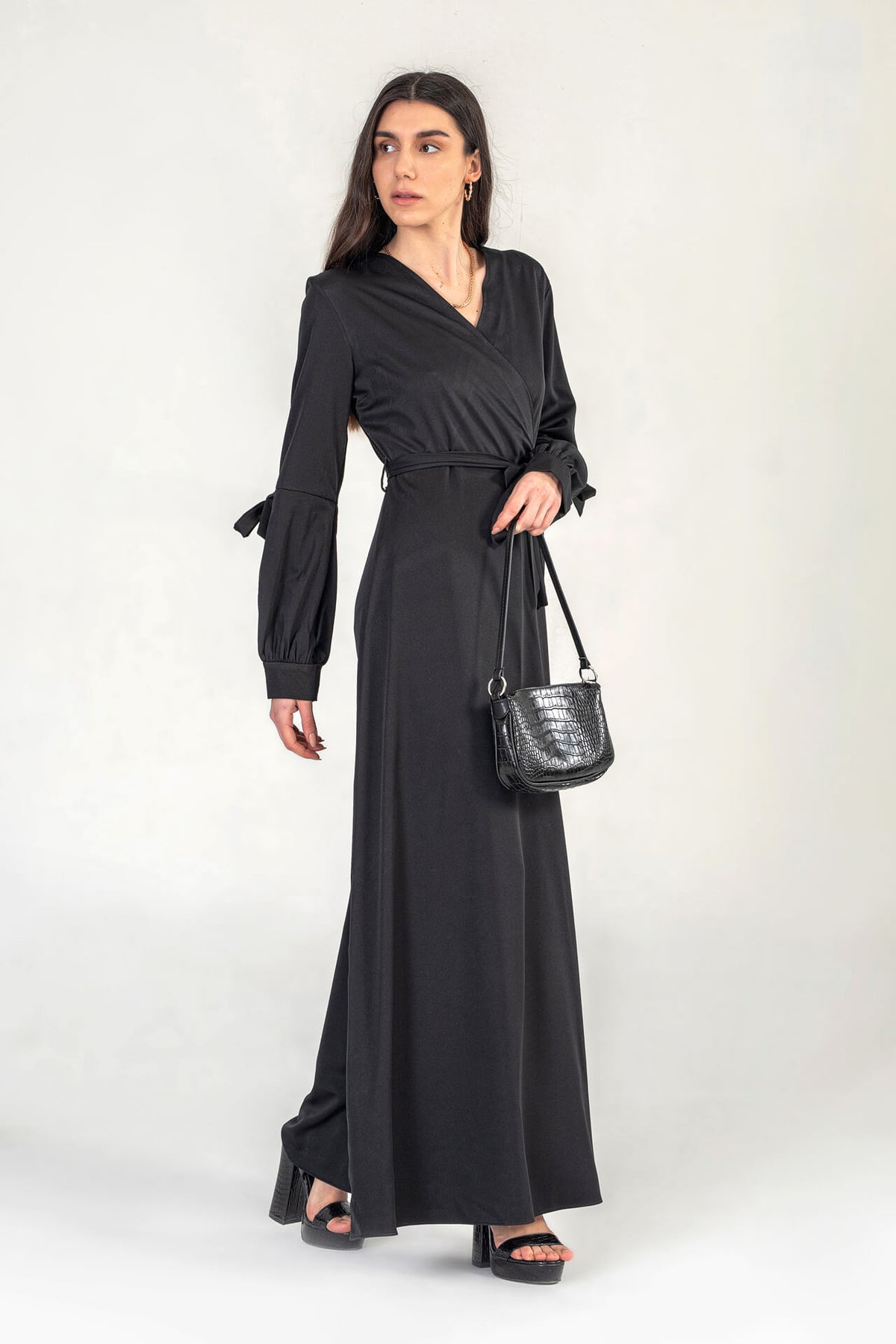 Black Maxi Wrap Dress With Tie Waist