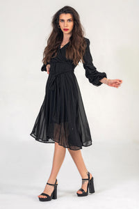 Black Midi Dress With Ruched Sleeves