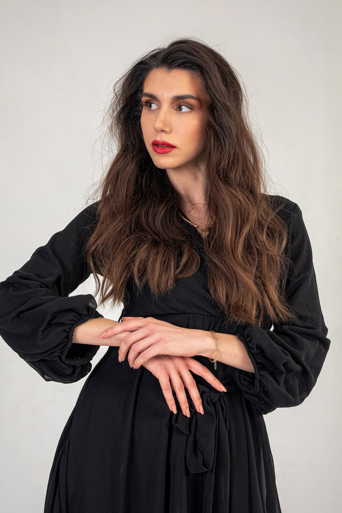 Black Midi Dress With Ruched Sleeves