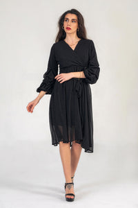 Black Midi Dress With Ruched Sleeves