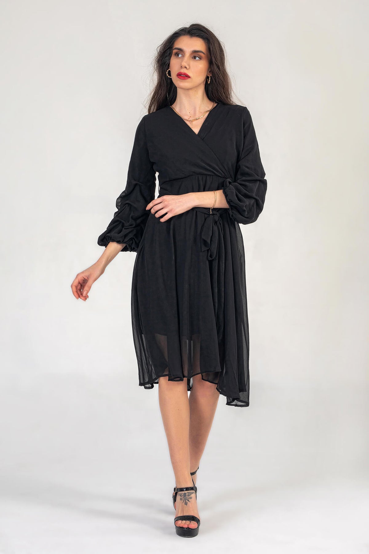 Black Midi Dress With Ruched Sleeves