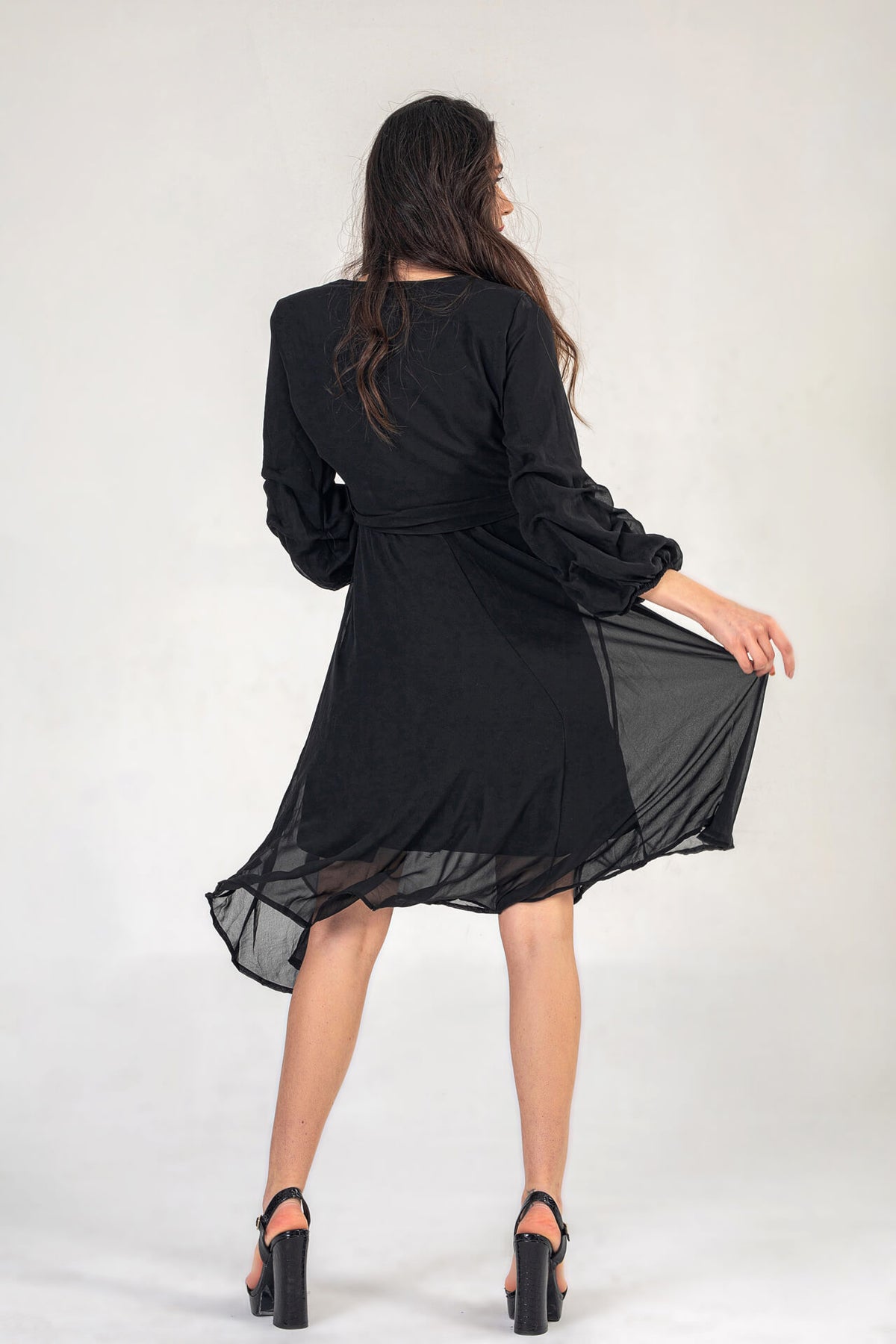 Black Midi Dress With Ruched Sleeves