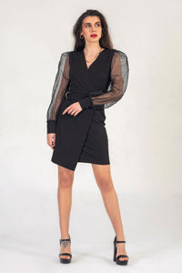 Black Mini Dress with Dobby Mesh Sleeves