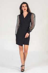 Black Mini Dress with Dobby Mesh Sleeves