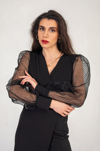 Black Mini Dress with Dobby Mesh Sleeves