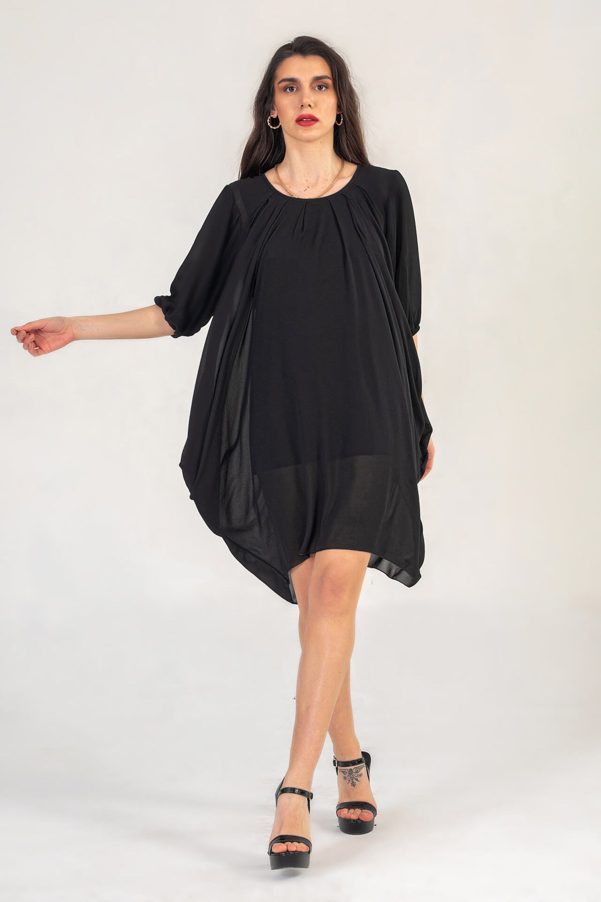 Black Mini Dress With Ruched Hem