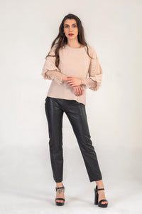 Blush Pink Top With Light Pinstripe And Pearl Detail Sleeve