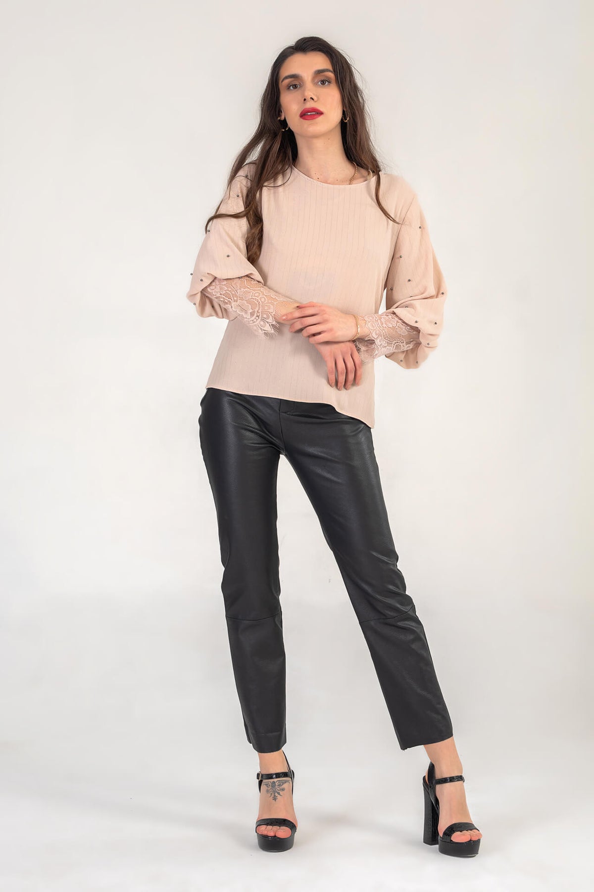 Blush Pink Top With Light Pinstripe And Pearl Detail Sleeve