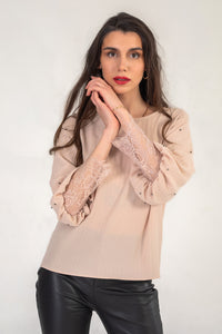 Blush Pink Top With Light Pinstripe And Pearl Detail Sleeve