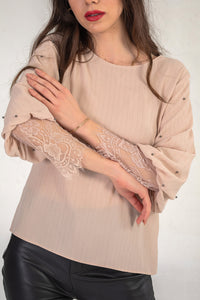 Blush Pink Top With Light Pinstripe And Pearl Detail Sleeve