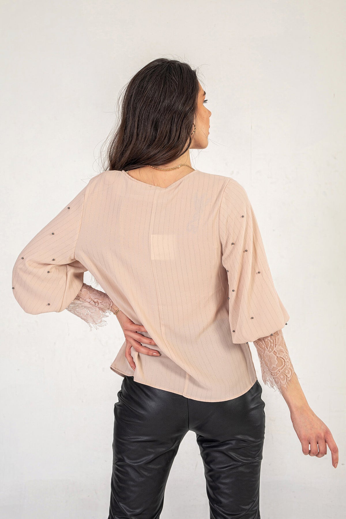 Blush Pink Top With Light Pinstripe And Pearl Detail Sleeve