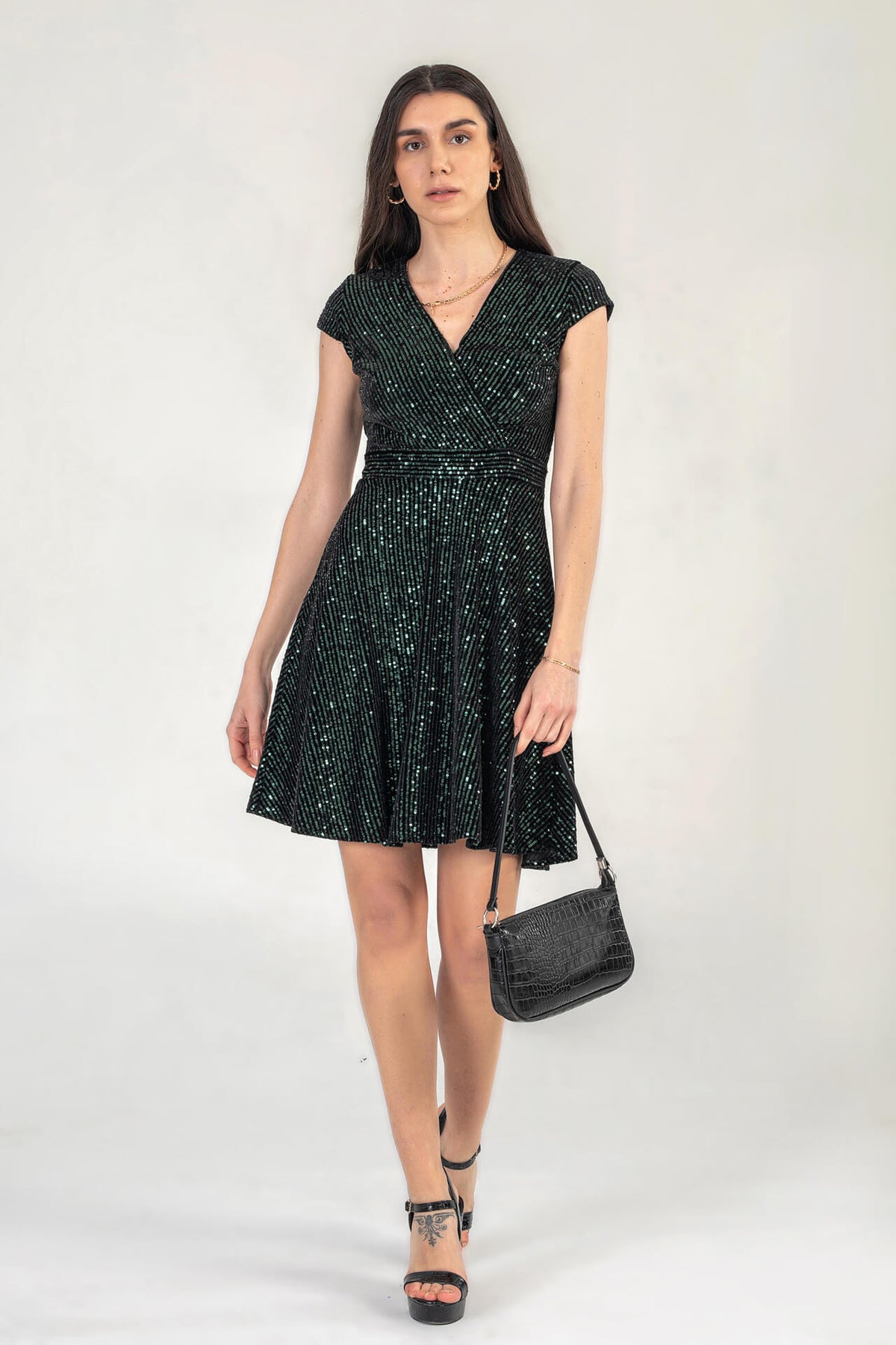 Cap Sleeve Sequin Mini Dress In Green