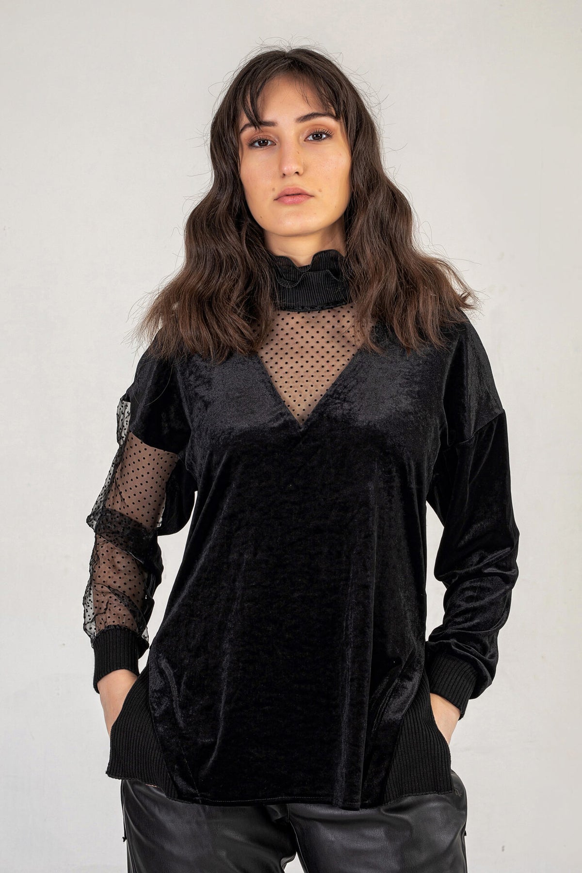 Chiffon  High Neck Jumper in Black
