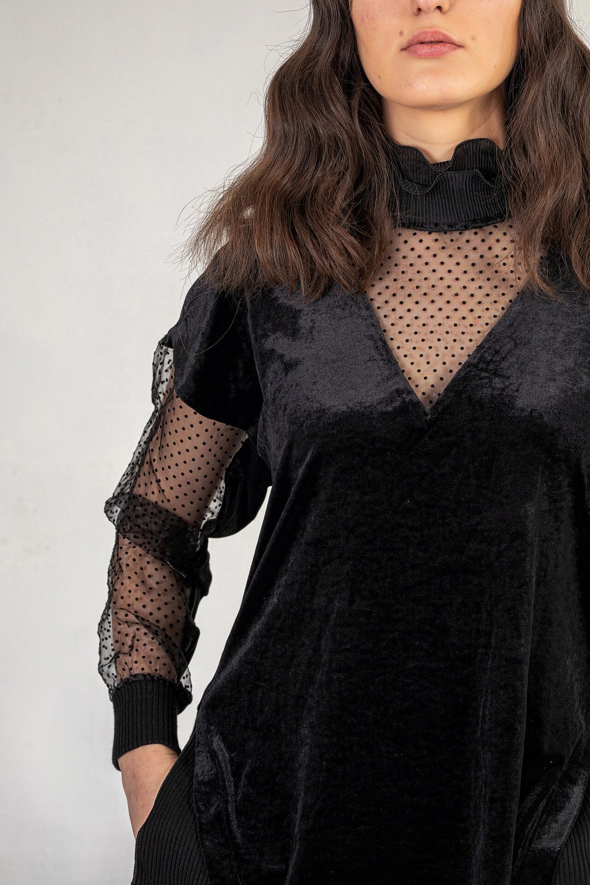 Chiffon  High Neck Jumper in Black