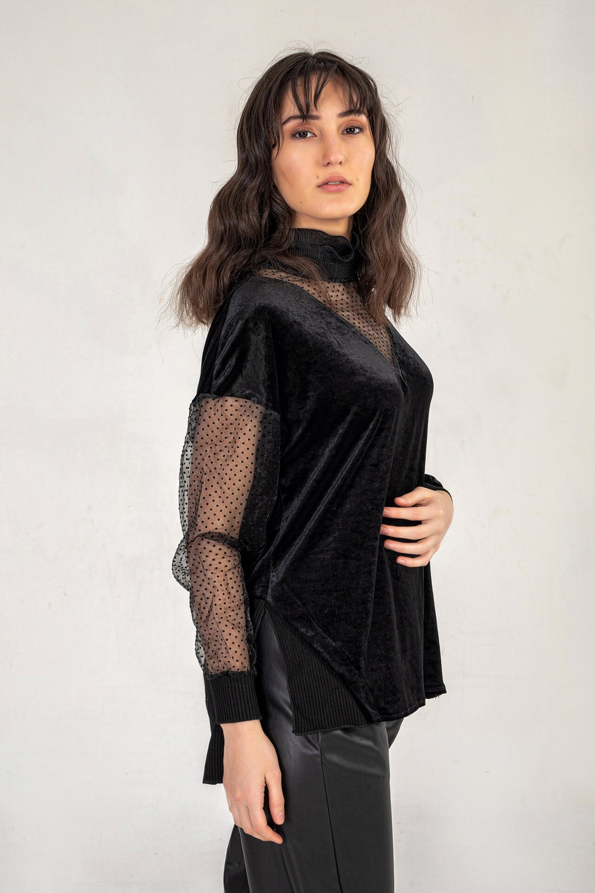 Chiffon  High Neck Jumper in Black
