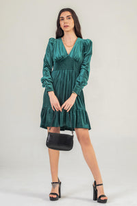 Emerald Green Velvet dress with puff sleeve