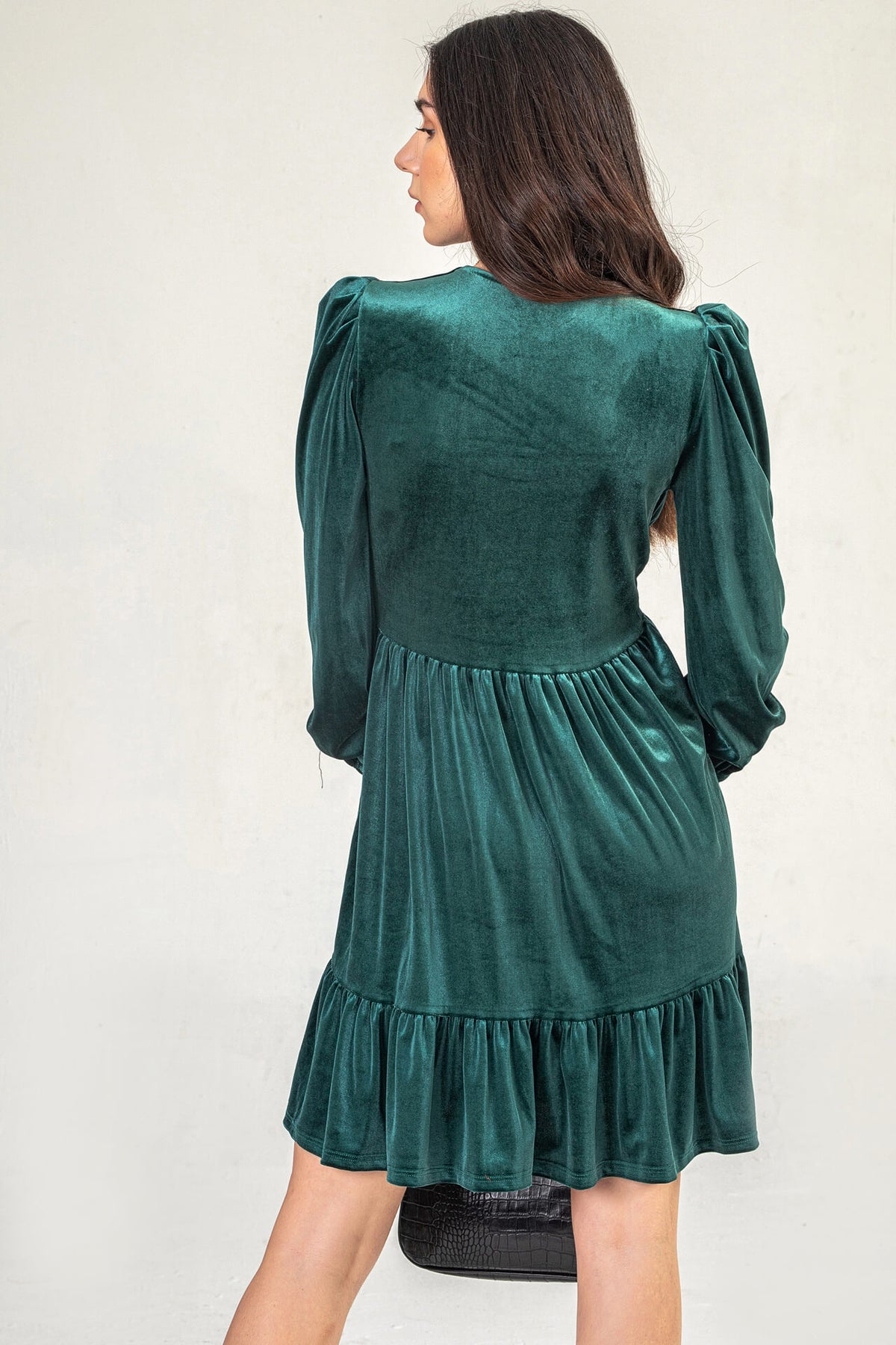 Emerald Green Velvet dress with puff sleeve