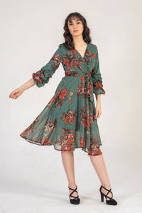 Khaki Floral Print Midi Dress With Ruched Sleeves