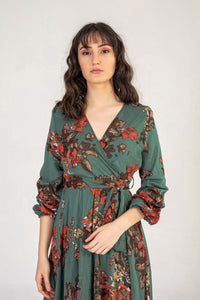 Khaki Floral Print Midi Dress With Ruched Sleeves