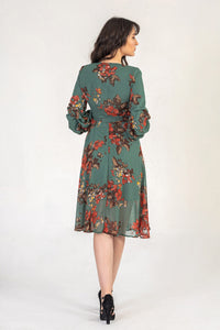 Khaki Floral Print Midi Dress With Ruched Sleeves