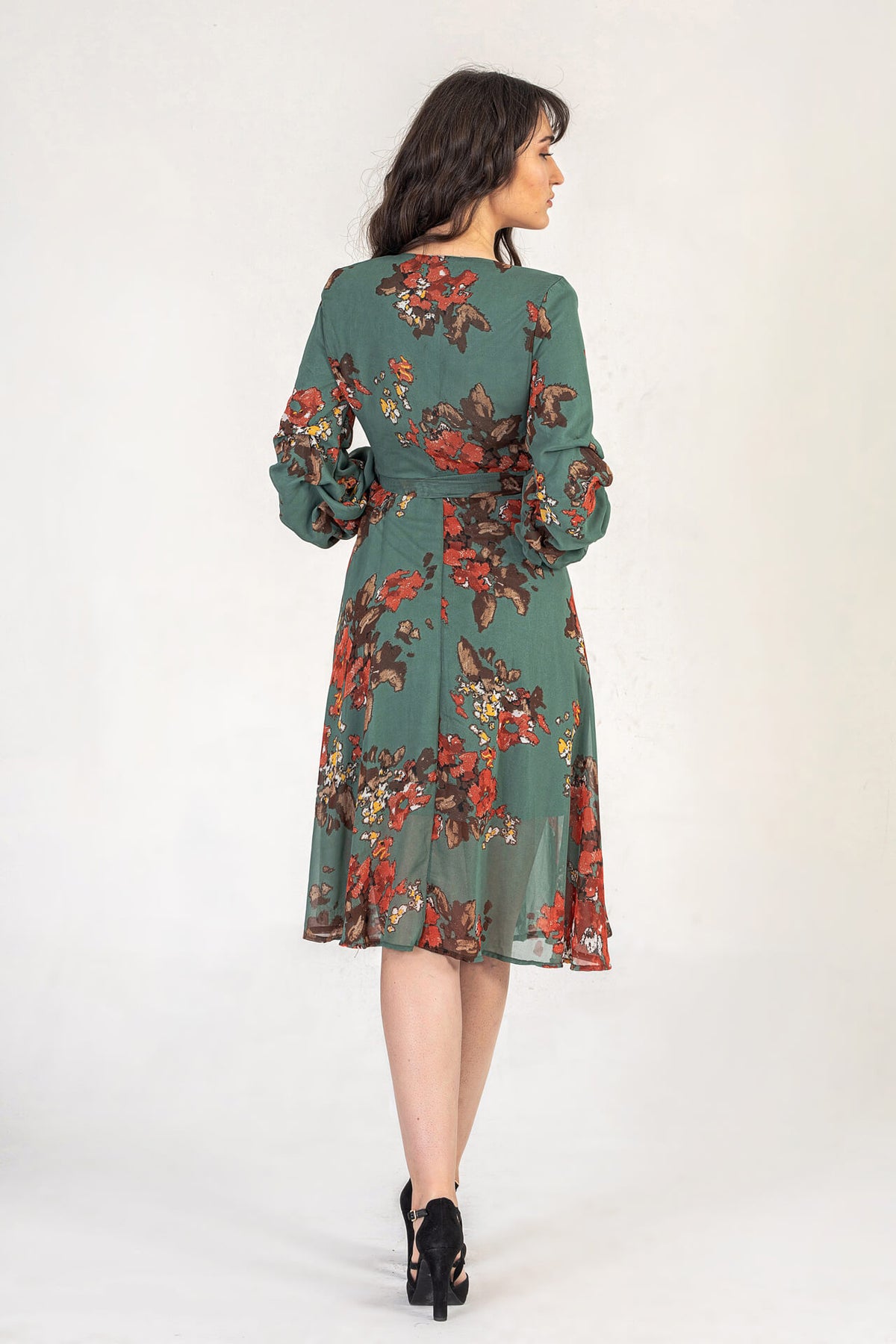 Khaki Floral Print Midi Dress With Ruched Sleeves