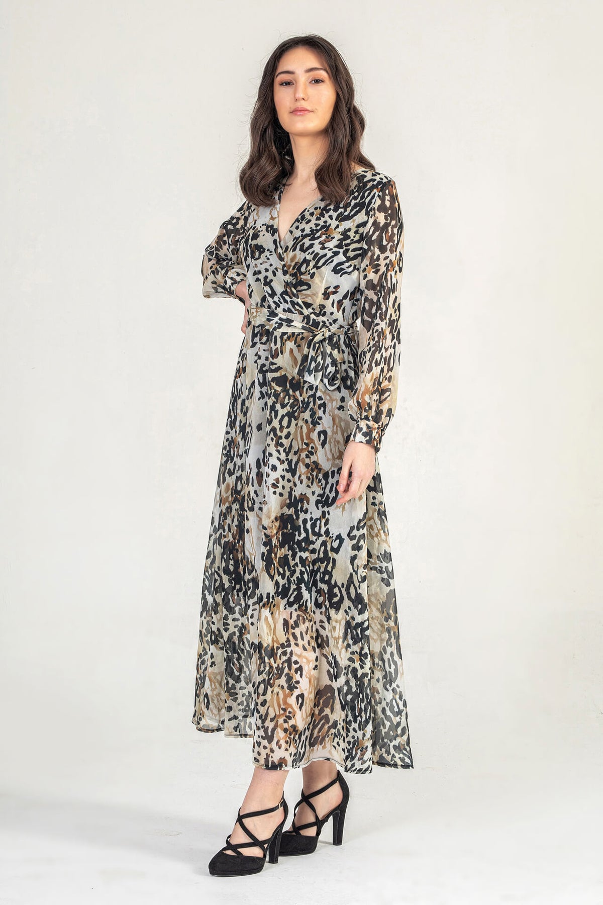 Leopard Print V Neck Maxi Wrap Dress