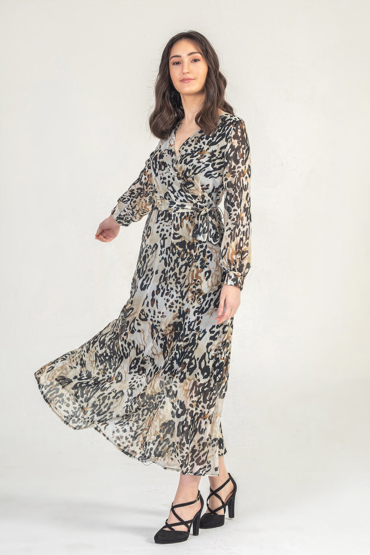 Leopard Print V Neck Maxi Wrap Dress