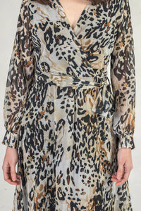 Leopard Print V Neck Maxi Wrap Dress