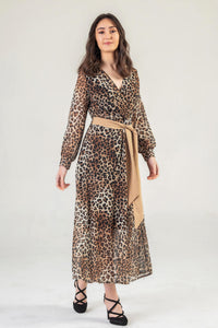 Leopard Print v Neck Maxi Wrap Dress with belt