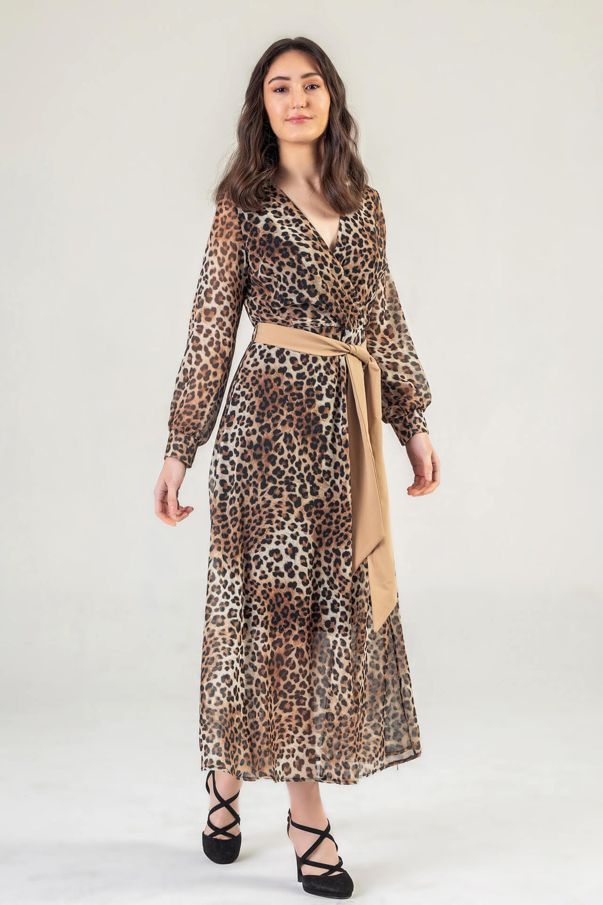 Leopard Print v Neck Maxi Wrap Dress with belt
