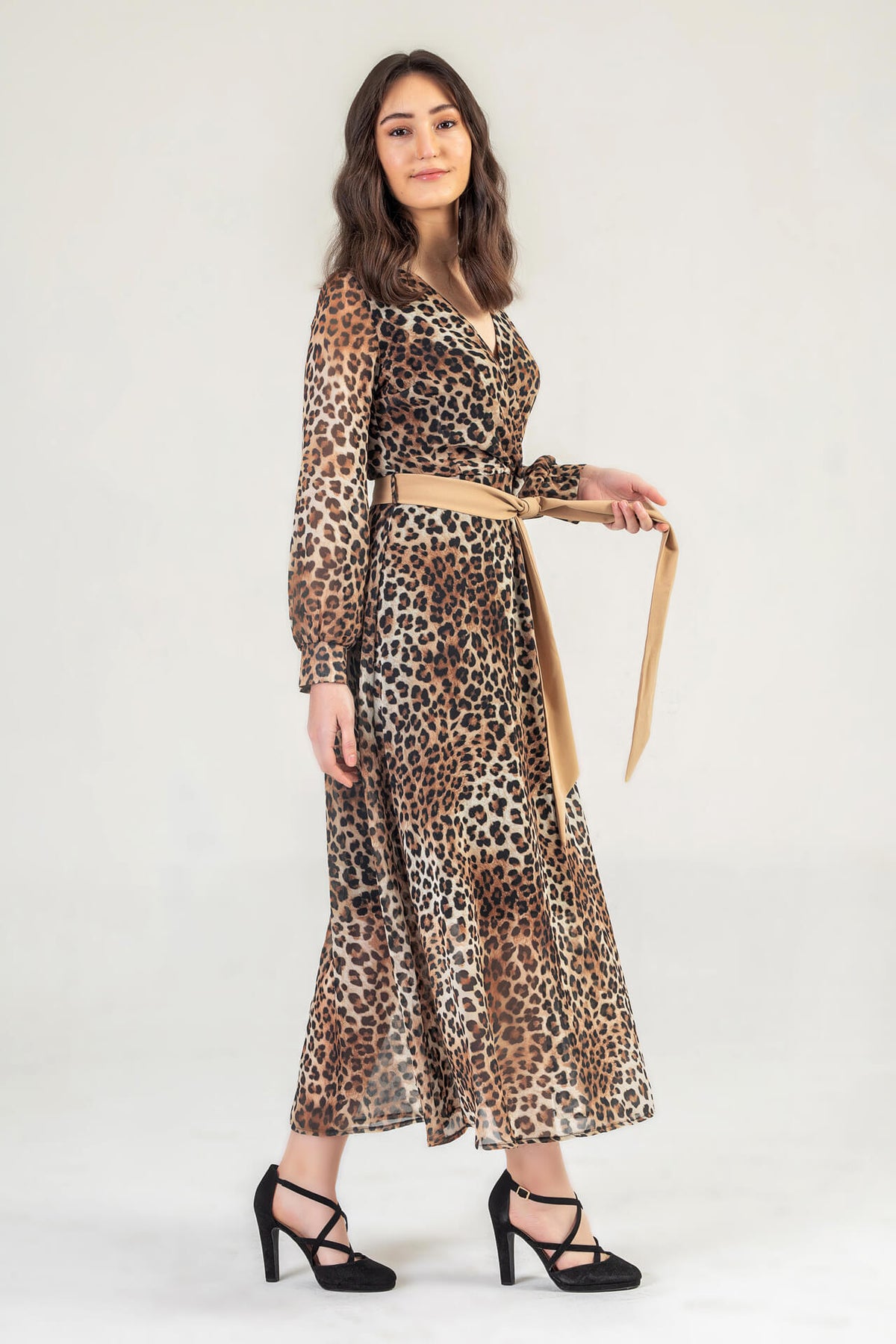 Leopard Print v Neck Maxi Wrap Dress with belt