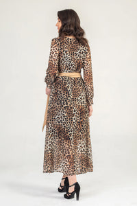 Leopard Print v Neck Maxi Wrap Dress with belt