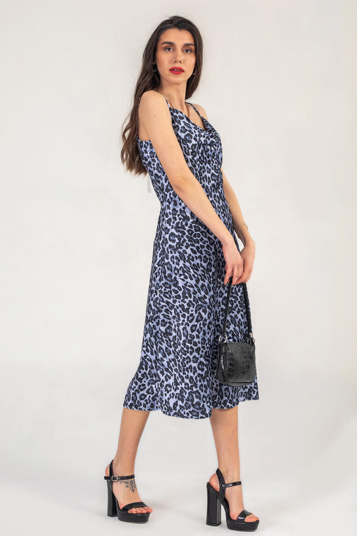 Leopard Print velvet cami dress in blue leopard